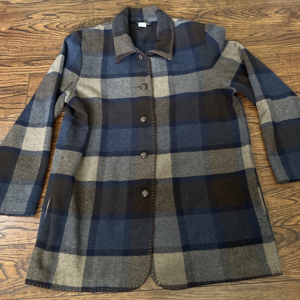Vtg Willow Ridge Shacket Plaid Brown Blue Tan Collar 14 Tall Heritage Long